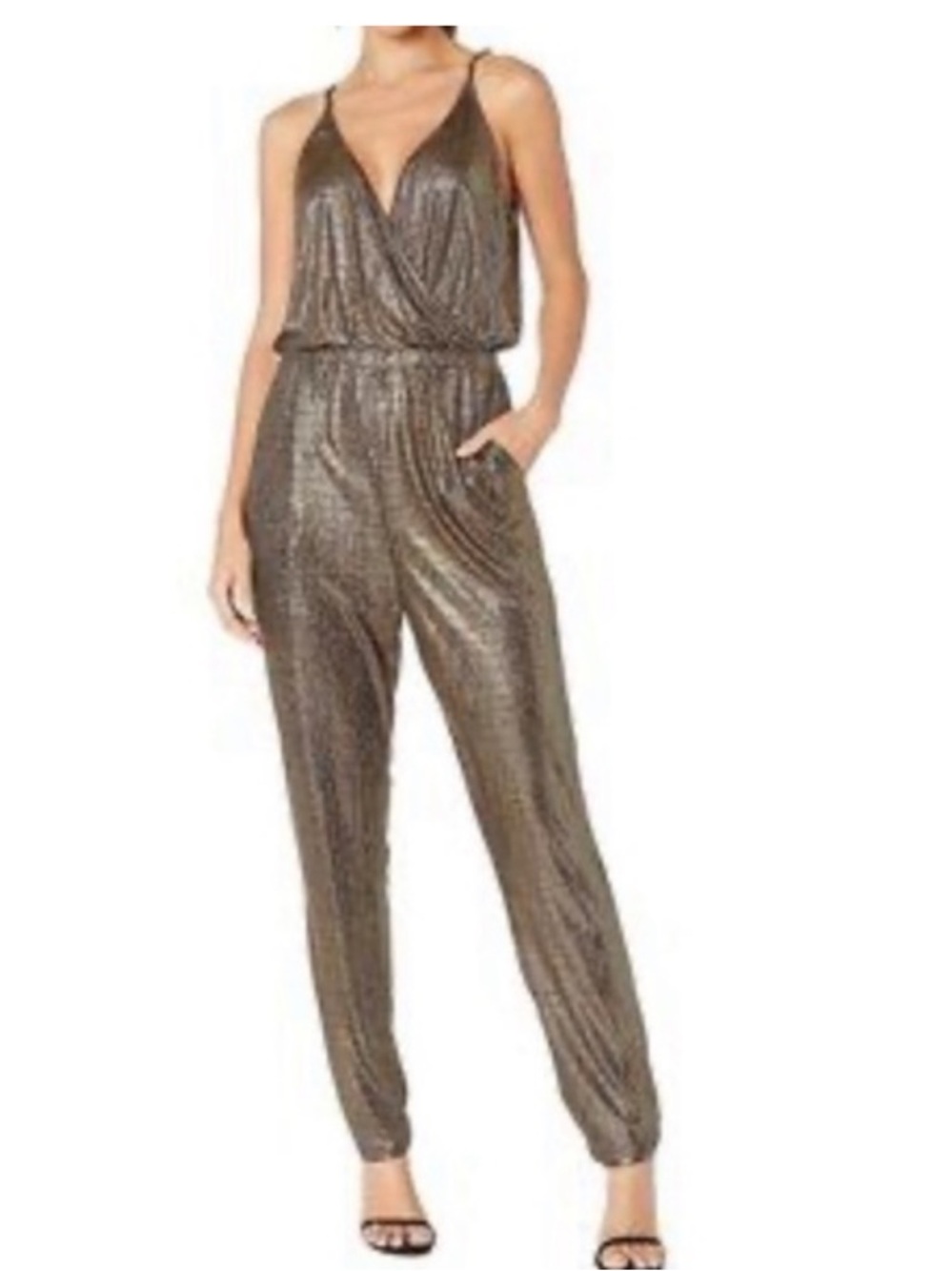 bishop + young Gold and Black Metallic Evening Jumpsuit Sleeveless Size Small